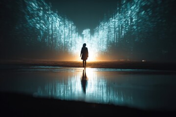 Woman Walking Toward Digital Data Stream on Beach at Sunset