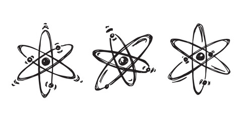 Set of hand drawn atom sign Molecule clipart in doodle style Symbol of science, education, nuclear energy, scientific research, molecular chemistry Single element for print, web, design