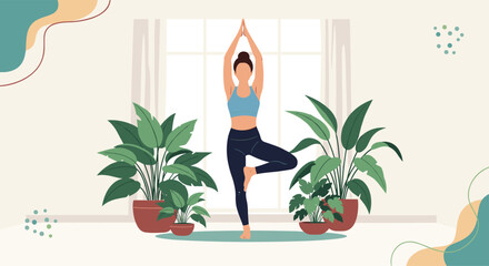 Woman doing yoga tree pose in a room with potted plants and a window.