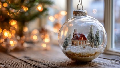 Transparent holiday sphere decoration containing a miniature winter scene rests on weathered wood beside glowing lights