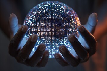 Data Sphere in Hands Digital Binary Code Technology Concept