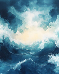 Majestic Watercolor Ocean Scene A Dreamlike Journey Through Waves and Clouds