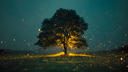 Solitary Tree Surrounded by Glowing Fireflies &ndash; Magical Night Forest Scene, Enchanted Nature Glow