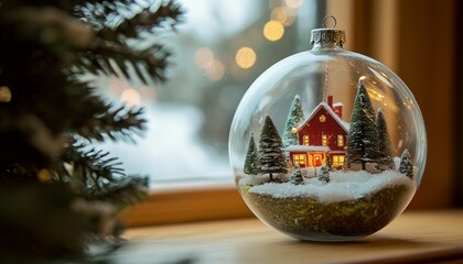 Clear glass globe ornament containing a miniature winter scene with a glowing house sits beside evergreen foliage.
