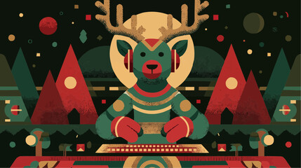 A reindeer DJ mixing on turntable with abstract trees and geometric shapes for modern Christmas party posters and event promotions