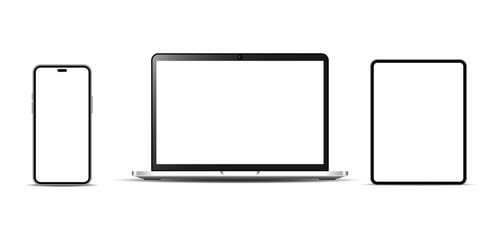 Realistic Front View Laptop, Smartphone, and Tablet Device Mockup Set on Clean White Background for Modern UI UX App Design, Website Presentation, and Digital Product Showcase – High Quality Vector