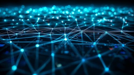 Abstract blue digital network with interconnected glowing nodes and lines representing data connectivity, communication infrastructure, and modern technology systems in motion - Powered by Adobe
