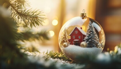 Miniature winter scene inside a clear glass holiday decoration rests near frosted evergreen branches