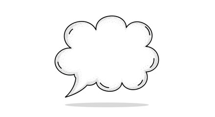 A black and white comic book style speech bubble with a dotted texture and a simple shadow.