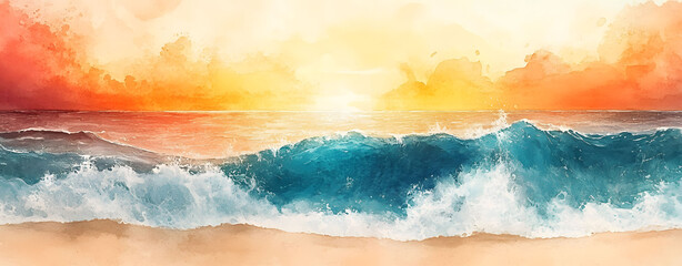 Serene Coastal Sunset A Watercolor Painting of Ocean Waves, Sky, and Sandy Beach