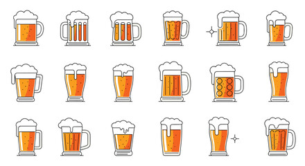 A collection of flat design illustrations of beer mugs and glasses filled with golden beer and frothy foam.