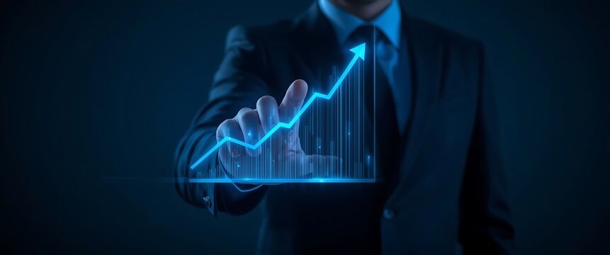 Business Person Touching Holographic Chart with Arrow Up Showing Growth of Economy and Increasing Sales and Marketing Plan as Concept of Digital Economy Around World
