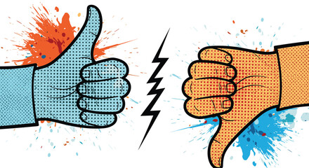 Pop art illustration of opposing thumbs up and thumbs down with colorful paint splatters.