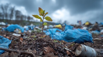 Small plant grows amidst landfill waste