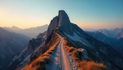 Rugged Mountain Ridge Path Winding Through Craggy Terrain with Distant Snow Covered Summit Adventure A rugged, winding path made of natural rock and scree, traversing a dramatic mountain ridge. The