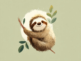 Obraz premium Cute sloth illustration hanging on a branch surrounded by green leaves and soft background