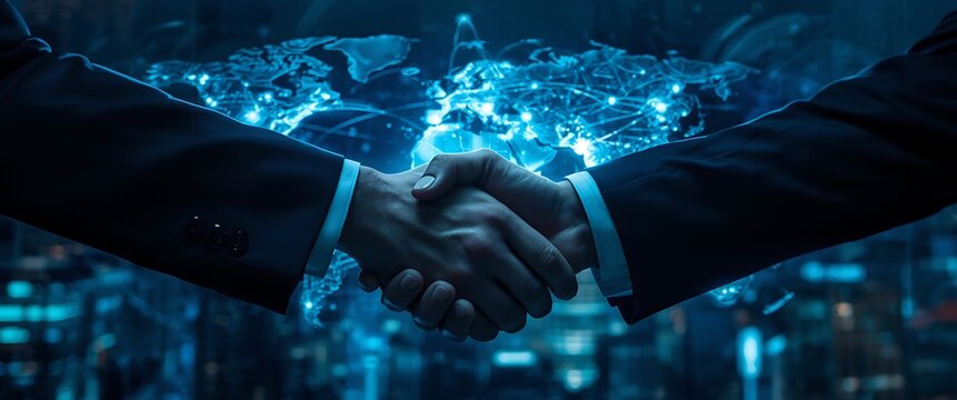 International Collaboration Success with Global Digital Network Handshake Agreement Connecting World Map Building Strong Partnerships for Development and Trade Opportunities
