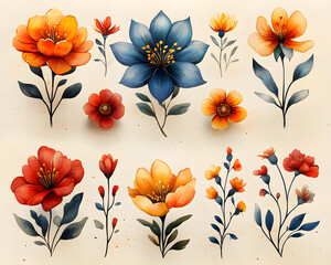 Vibrant Watercolor Floral Collection Delicate Petals and Botanical Elegance on Cream Background