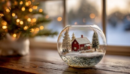 Miniature winter scene inside a glass globe sits beside a decorated evergreen plant indoors