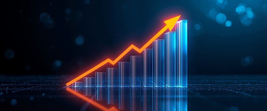 Business Graph Ascending Represents Growing Success With Arrow Rising Up Showing Profit Gains and Positive Trend on Dark Background for Financial and Economic Development