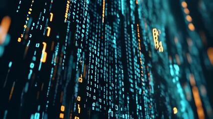 Futuristic data streams and digital code columns flow through a blue neon matrix with orange highlights, illustrating information networks, cybersecurity concepts, and visuals - Powered by Adobe