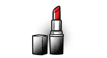 Stylized red lipstick with cap off, depicted in a pop art dot pattern style.