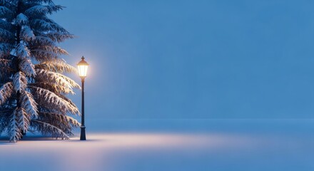 A solitary street lamp glows beside snow-laden evergreen trees, casting warm light across a tranquil blue-hued winter landscape. Soft snow blankets the ground, creating a peaceful, cinematic mood.