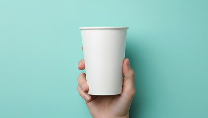 Hand holding blank white paper cup for drink on blue background