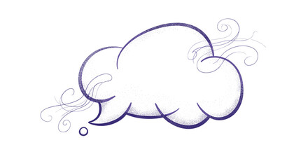 Whimsical purple thought bubble with swirling wind effects and a small circle below.