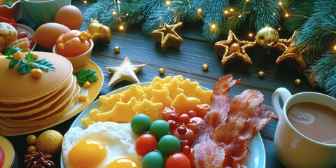 Christmas morning breakfast with pancakes fried eggs bacon and festive decorations evoking warm joy