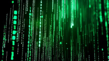 Abstract digital rain of green binary code and flowing data streams over a dark background, depicting cybersecurity, data visualization, information technology and connectivity - Powered by Adobe