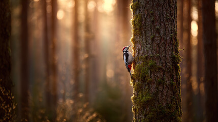 woodpecker. Woodpecker perched on tree trunk captured mid-peck in morning forest light. wildlife magazines, conservation campaigns, designed for eco-tourism storytelling.
