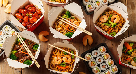 Delicious assortment of diverse takeout containers filled with Asian cuisine, featuring noodles, shrimp, beef, and sushi rolls, ideal for a delightful meal