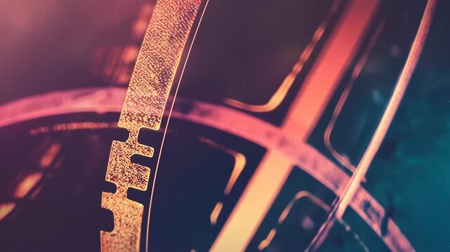 Close-up macro shot of interlocking gear teeth and a circular mechanism in warm orange and purple tones, highlighting precision engineering, industrial design, and smooth motion
