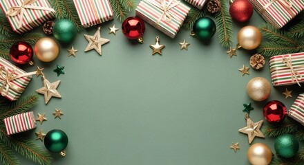 Festive Christmas border with striped gift boxes, colorful ornaments, golden stars, pine branches, and pine cones on a green background, symbolizing warmth, joy, and family holiday celebration.