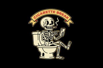 Skeleton smoking cigarette on toilet with phone.
