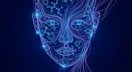 Neural network threads forming human face with molecular shapes