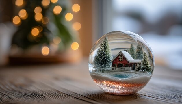 Glass globe containing a miniature winter cabin scene rests upon a wooden surface with festive lights in the background