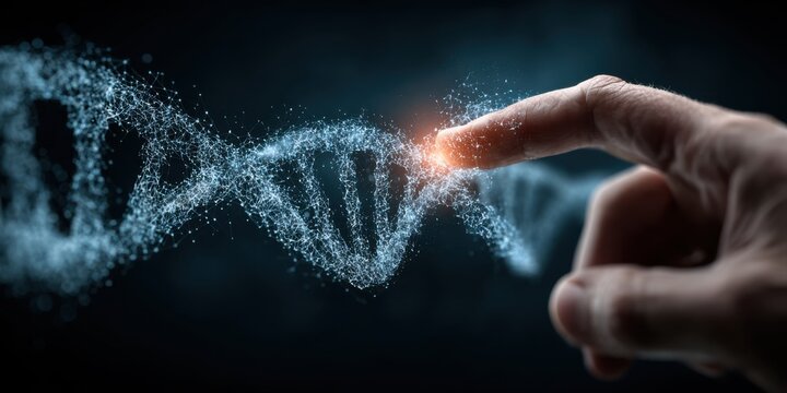 Finger Touching Glowing Blue DNA Helix Structure With Particles image photo