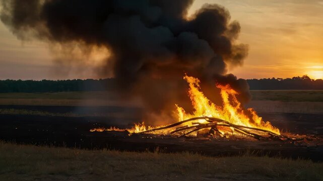 Raging Blaze in the Wilderness: A fierce fire devours wooden structure, billowing thick, ominous smoke against the backdrop of a fiery sunset, symbolizing destruction and the raw power of nature.