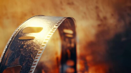 Elegant macro shot of a curved film strip with warm amber tones and soft bokeh, capturing vintage cinema aesthetics, cinematic texture, and abstract motion for creative visuals