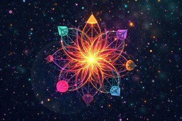 Celebrating successful collaboration through symbolic objects representing unity and achievement. Abstract composition with brightly colored, intertwined geometric shapes symbolizing partnership, with