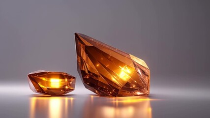 Close up of a cluster of translucent amber crystals illuminated by warm golden light on a smooth reflective surface, highlighting facets, clarity, and natural mineral beauty - Powered by Adobe