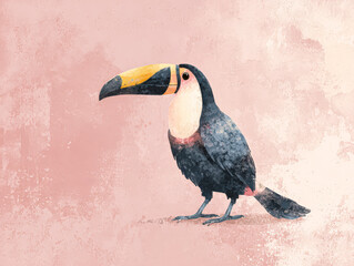 Naklejka premium Colorful toucan illustration with vibrant beak against a soft pink textured background