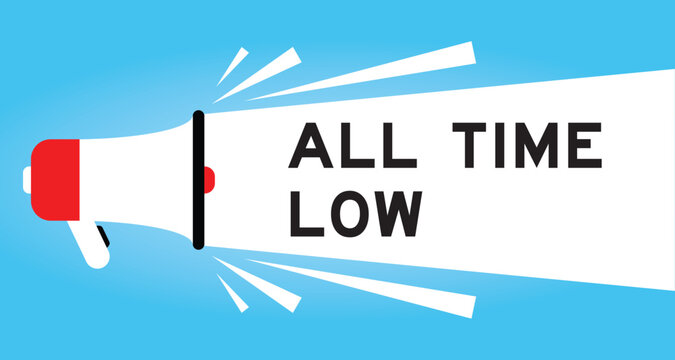 Color megaphone icon with word all time low in white banner on blue background
