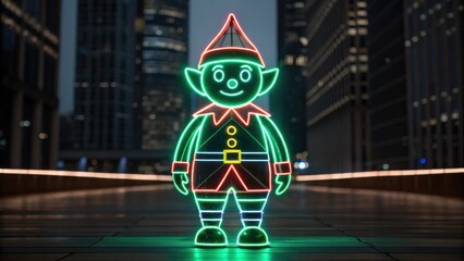 A colorful neon elf figure stands illuminated against a city backdrop, creating a festive and whimsical atmosphere.
