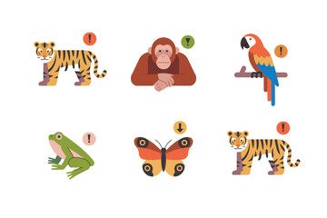 Endangered wildlife icons, tiger, monkey, colorful parrot, green frog, butterfly, pangolin, conservation message, nature protection, vector