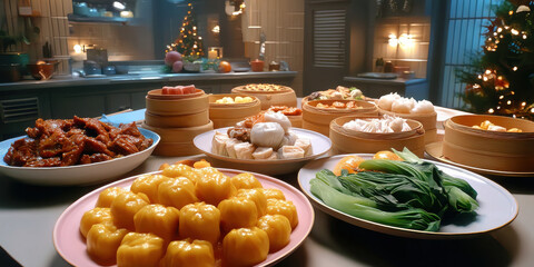 Golden pumpkin dumpling steamed bun bok choy dim sum bamboo steamer festive table holiday kitchen cozy lighting