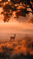 Glowing Solitary Deer in Autumn Sunrise Field &ndash; Majestic Wildlife Nature Art