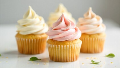 Elegant Wedding Cupcakes with Romantic Floral Decorations A close up, overhead shot of three elegantly decorated wedding cupcakes. The cupcakes have smooth, white buttercream frosting and are topped